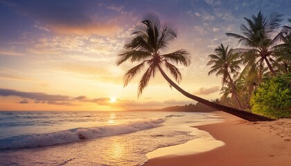 Beautiful sunset wtropical summer beach. panoramic tropical seascape horizon. white sand and blue sea waves, nature background, vacation in paradise concept for tourism, vivid colorful.