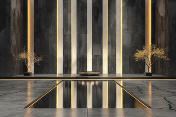 Poster - Elegant minimalist lobby with golden accents and modern design elements showcasing a sophisticated professional workspace.