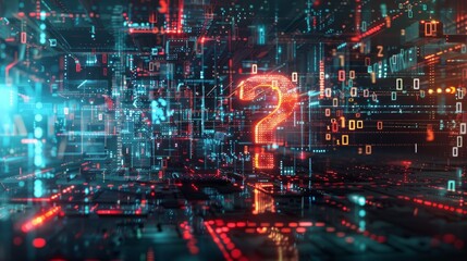 Digital question mark technology uncertainty. A glowing orange question mark floats within complex binary code, symbolizing uncertainty in a technological world.