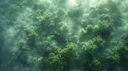 Wall Mural - lush green forest canopy surrounded by misty atmosphere in early morning light. generative ai