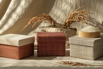 Three gift boxes of different sizes. The canvas fabric colors are beige, brown, and burgundy respectively.  Autumn gifts