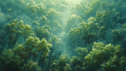 Wall Mural - sunlight streaming through dense green forest canopy in early morning. generative ai