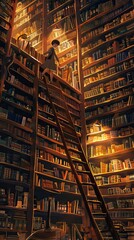 Wall Mural - Illustrations of a Person Climbing a Ladder in a Cozy Library. Book background flat cartoon style. AI generated image