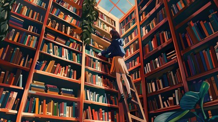 Wall Mural - Illustrations of a Person Climbing a Ladder in a Cozy Library. Book background flat cartoon style. AI generated image