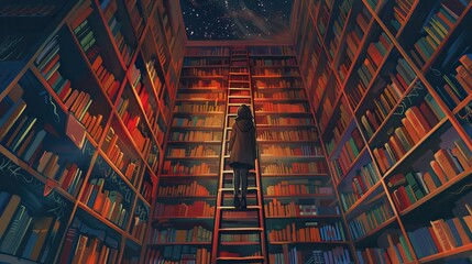 Wall Mural - Illustrations of a Person Climbing a Ladder in a Cozy Library. Book background flat cartoon style. AI generated image