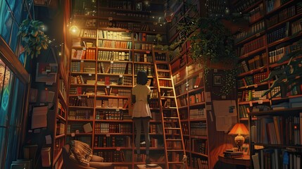 Wall Mural - Illustrations of a Person Climbing a Ladder in a Cozy Library. Book background flat cartoon style. AI generated image