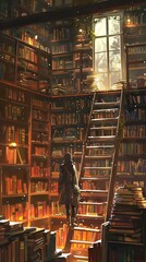 Wall Mural - Illustrations of a Person Climbing a Ladder in a Cozy Library. Book background flat cartoon style. AI generated image