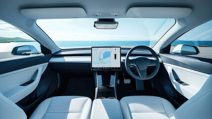 The front seat of the electric car has a large screen that displays data about the car, and the interior is upholstered in white leather and black parts. A light blue sky outside the window.