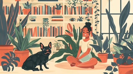 Smiling Girl Sitting on the cozy Floor with Indoor Plants and Books. Reading book cartoon style flat illustration background. AI generated image