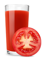 Canvas Print - Tomato juice in a glass cup and a slice of tomato isolated on transparent background.