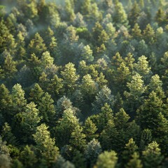 Wall Mural - lush green forest with dense pine trees under soft morning light in autumn. generative ai