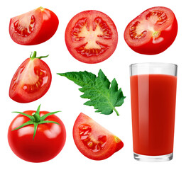 Wall Mural - glass of tomato juice and set of sliced ​​tomatoes isolated on transparent background.