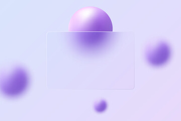 Spheres with transparent plate in glass morphism style. Landing page template.