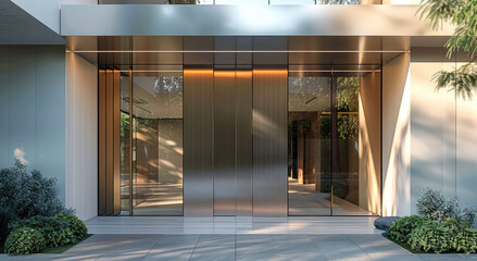 Poster - Design an entrance door, The material and hardware of the door are clearly visible, featuring a minimalist and modern frameless design. The exterior is a white mansion. Generative AI.