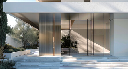 Poster - Design an entrance door, The material and hardware of the door are clearly visible, featuring a minimalist and modern frameless design. The exterior is a white mansion. Generative AI.