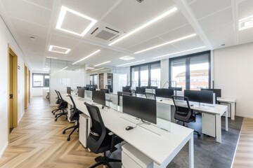 Wall Mural - modern coworking space with open floor plan glass walls and collaborative workstations promoting inn