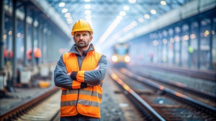 Construction worker in a safety vest and hard hat standing confidently on railway tracks at a busy train station. The image emphasizes safety, engineering, and industrial work in the transportation.