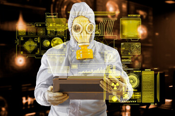 Man in a gas mask and protective suit typing nuclear data on a laptop tablet using AI with virtual visualization.