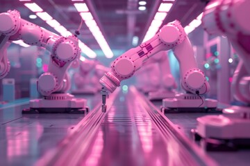 Wall Mural - High-resolution image of robotic arms working in an automated assembly line under pink lighting