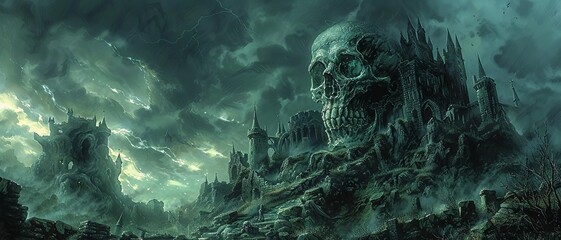 Ghostly specter with a skull visage, haunting an abandoned castle, grim and eerie scene, specter skull grim