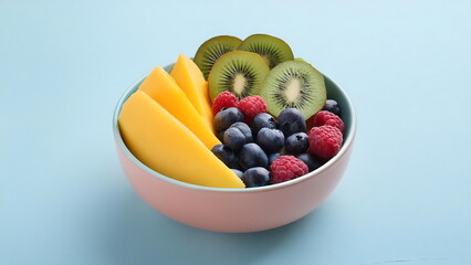 A Pink Bowl Filled with Mango, Kiwi, and Berries on a Blue Surface