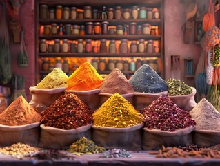 Vibrant Spice Market Display with Diverse Powdered Ingredients for Cooking and Culinary Purposes