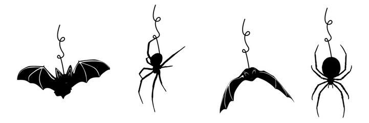 Hanging spider silhouette illustration  background with flying bat