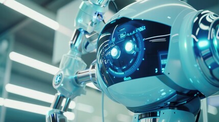 Robot working with digital display future touch screen , Generative AI