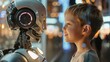© Akarat Phasura - Smiling child looking at the robot , Concept of Futuristic robots help babysit , Generative AI