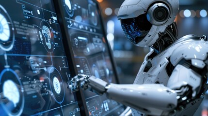 Robot working with digital display future touch screen , Generative AI