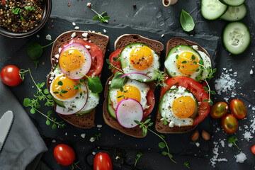 Wall Mural - open sandwiches with eggs and vegetables, top view