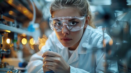 Aufkleber - An engineer working in a White uniform and safety glasses is check electronic device chips in front of laboratory equipment and modern engineering machinery, laboratory background. Generative AI.