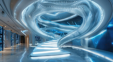 Leinwandbilder - Lobby of the Life Science Museum, the center is a baby made of DNA, blue space, modern technology. Generative AI.