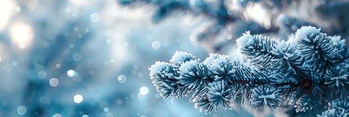 Sticker - a close up of a pine tree with snow on it's branches and a blurry background of snow flakes