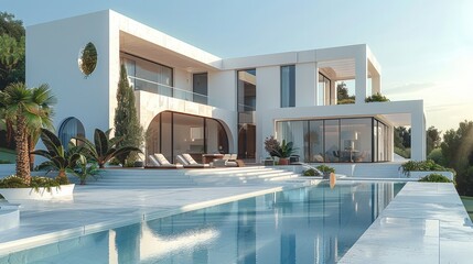 Poster - A High end villa Outdoor, with a strong artistic sense and a very innovative design, modernism, white, Wonderful and bizarre. Generative AI.