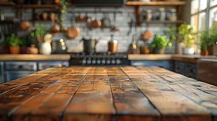 Poster - A rustic kitchen, featuring a wooden butcher block countertop in the foreground. the countertop shows natural wood grain and slight wear, in the background, a vintage stove coating is visible.