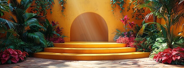 Canvas Print - Tropical Garden with Yellow Wall and Archway