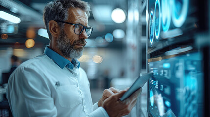 Leinwandbilder - Business man holding tablet looking at the circle 3d holograms in front of him while holding the tablet, data lifecycle, data cycle, hologram data , Office on background. Generative AI.