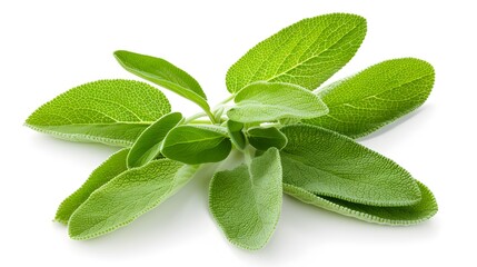 Wall Mural - Fresh sage leaves, showcasing their soft, velvety texture and muted green color ,isolated on white background