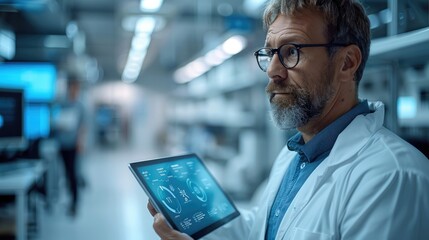 Leinwandbilder - Business man holding tablet looking at the circle 3d holograms in front of him while holding the tablet, data lifecycle, data cycle, hologram data , Office on background. Generative AI.