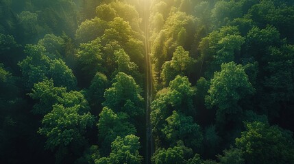 Wall Mural - lush green forest canopy with sunlight breaking through in early morning. generative ai