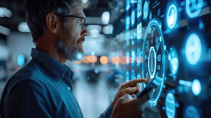 Leinwandbilder - Business man holding tablet looking at the circle 3d holograms in front of him while holding the tablet, data lifecycle, data cycle, hologram data , Office on background. Generative AI.