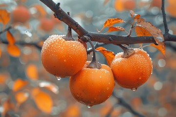 ripe persimmons on a tree branch with autumn leaves.