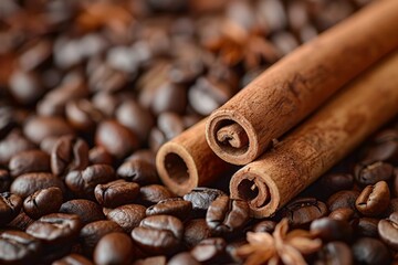 Wall Mural - Close-up of coffee beans and cinnamon sticks.