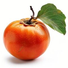 Poster - Ripe Orange Persimmon Fruit With Green Leaf on White Background