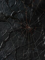 A detailed view of a spider's web on a dark background