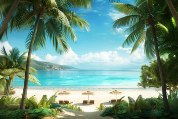 Summer beach landscape panoramic sea view with palm trees