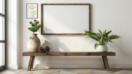 Poster - A simple yet cozy scene featuring a wooden table, a plant, and a picture frame