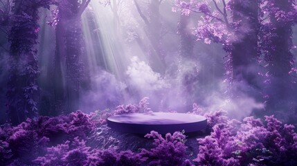 Wall Mural - 3d render round empty podium stand for product display surrounded by fog, purple flowers and trees, creating an mystical dreamlike atmosphere.