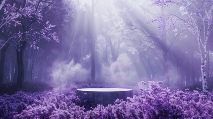 Wall Mural - A 3D render of an empty podium stand for product display, surrounded by fog, purple flowers, and trees. mysterious and surreal ambiance.